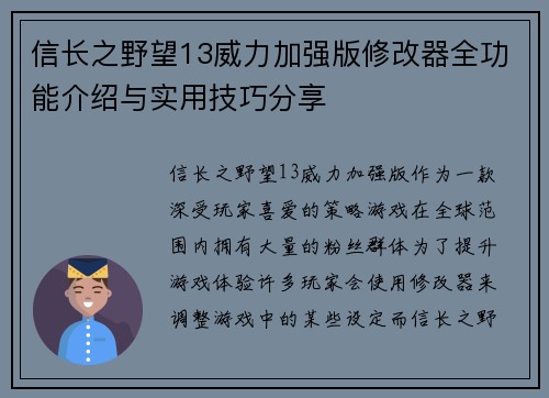 信长之野望13威力加强版修改器全功能介绍与实用技巧分享 信长之野望13威力加强版修改器全功能介绍与实用技巧分享